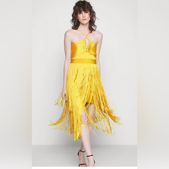NWOT Herve Leger  Plunging Strappy Fringe Bandage Midi Dress In Marigold Size M - Picture 6 of 9